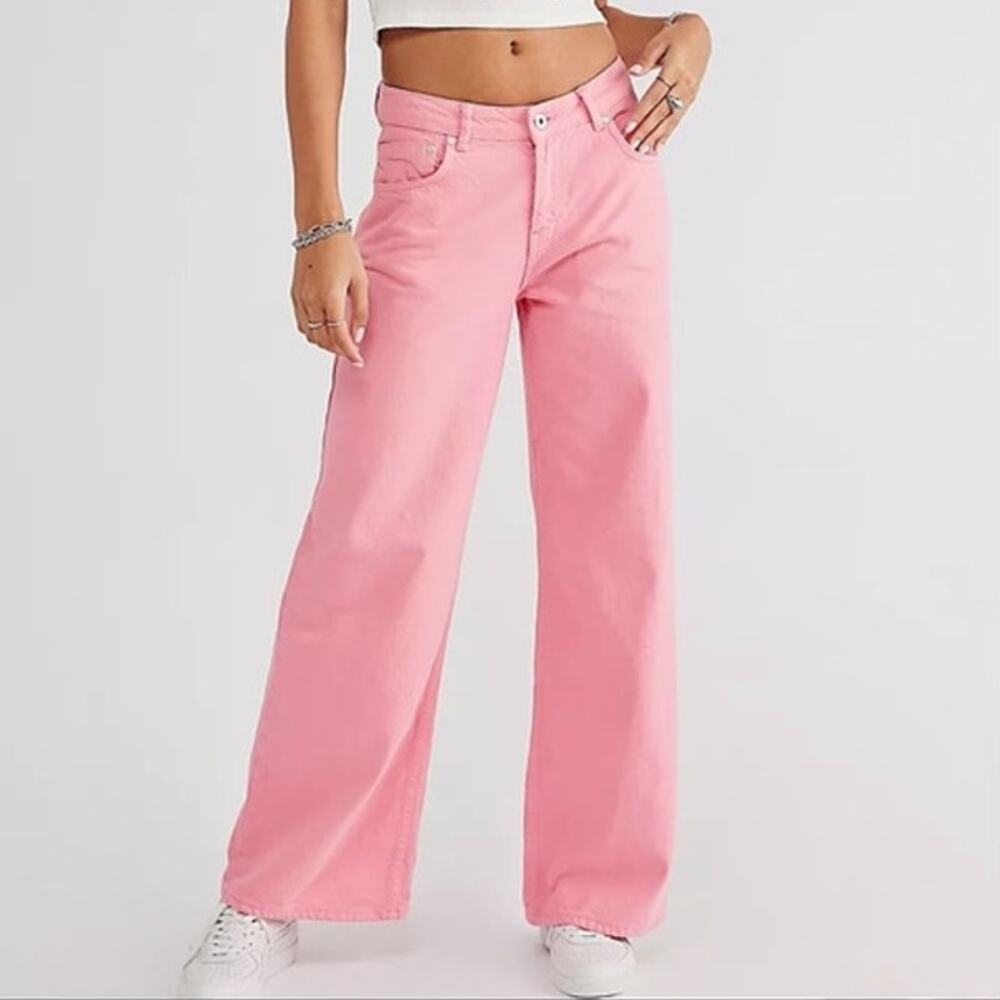 The Ragged Priest Pink Jeans Free People Low Rise Wide Leg Baggy Size 30 Denim